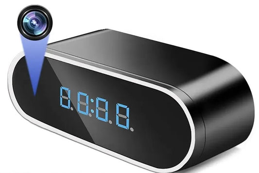 An image of an alarm clock spy tech camera. This camera looks and functions like an alarm clock, however, it can digitally record audio and video.