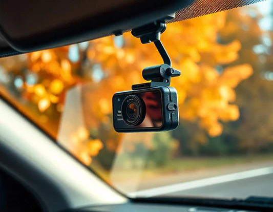 A dash camera in a car that is driving down a road with trees that are showing their fall colors.