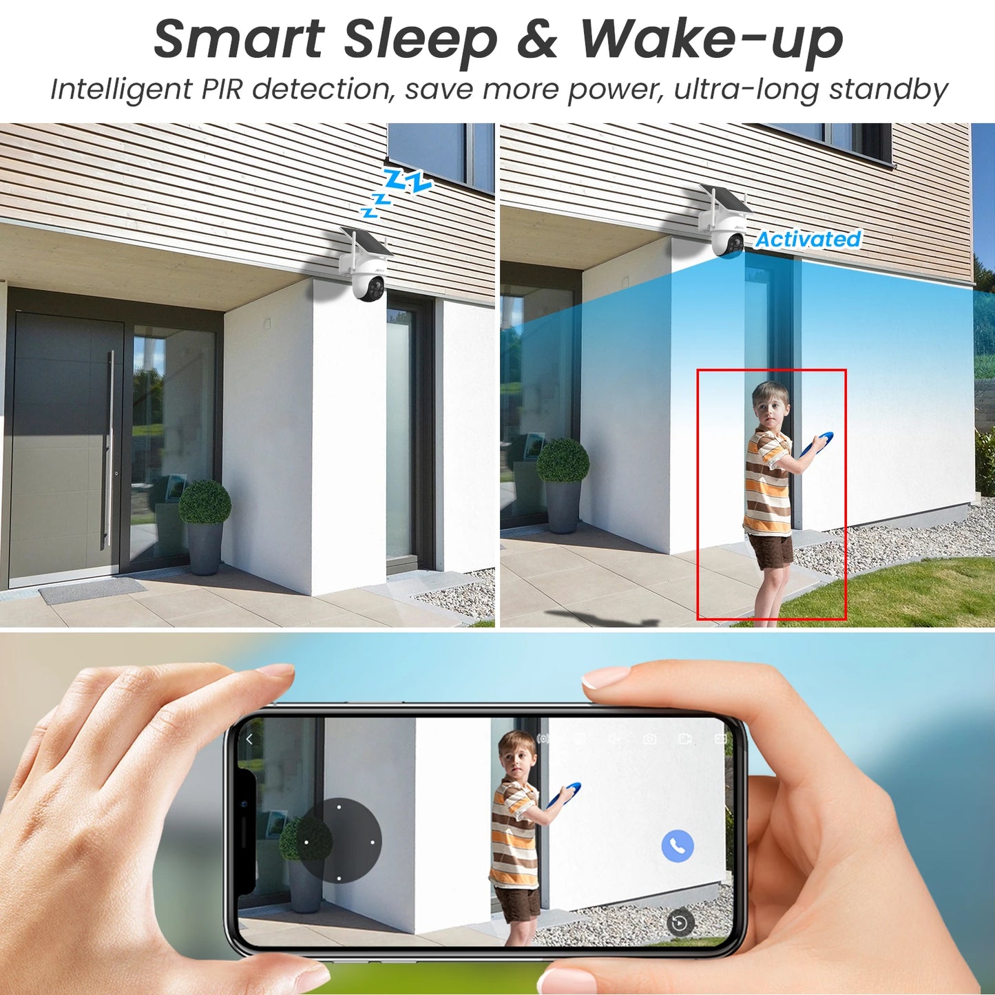 A security camera system displays motion detection by capturing a person approaching a house. The image shows "sleep" and "activated" modes of the Waterproof WiFi Solar Surveillance Camera. A smartphone screen mirrors the scene with a highlighted person and control buttons visible on the phone's interface.