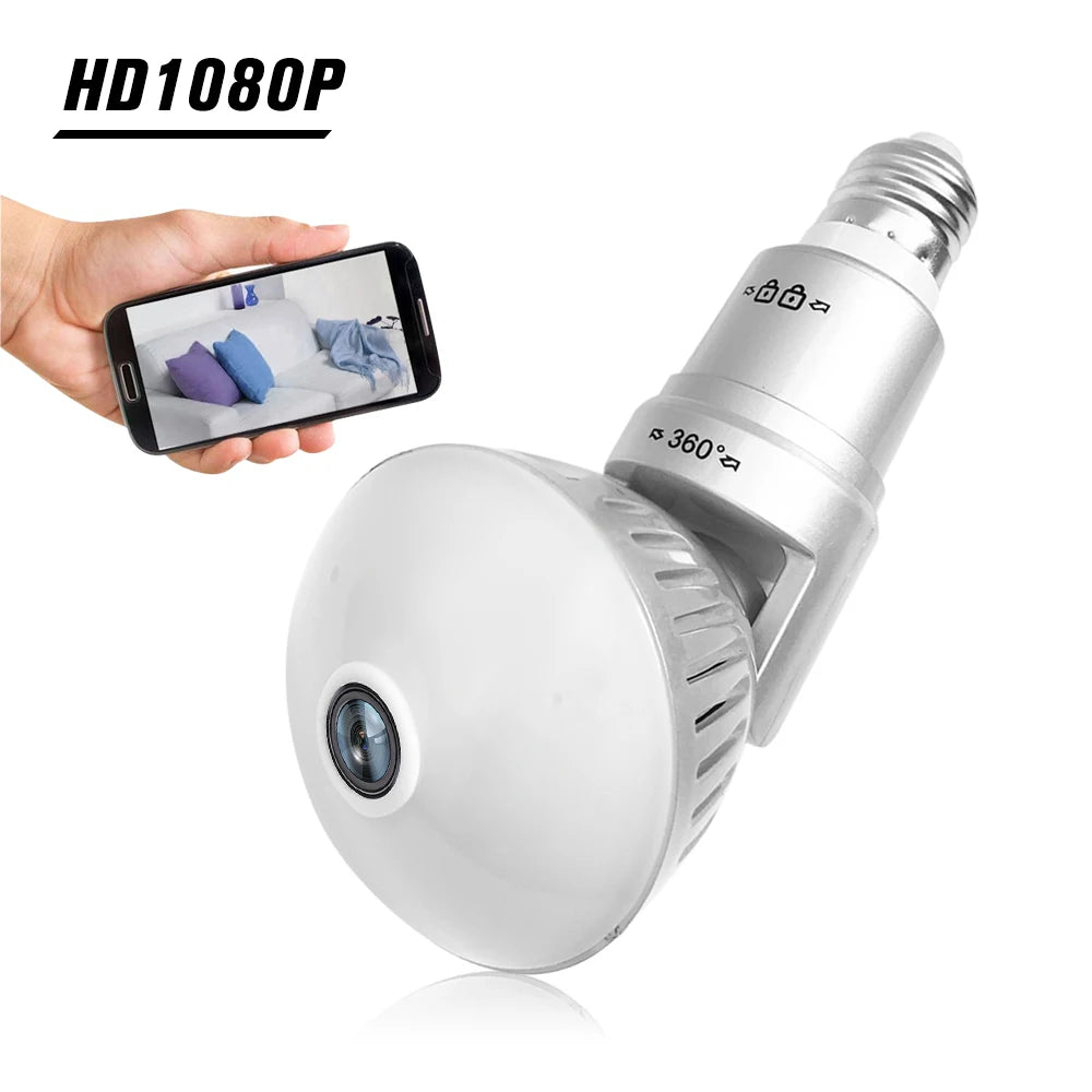 A Light Bulb Spy Camera with 360-degree rotation is displayed. Equipped with super night vision, it captures clear footage even in low light. A hand holds a smartphone, showing the camera's feed of a room with a bed, highlighting the two-way audio feature for easy communication.