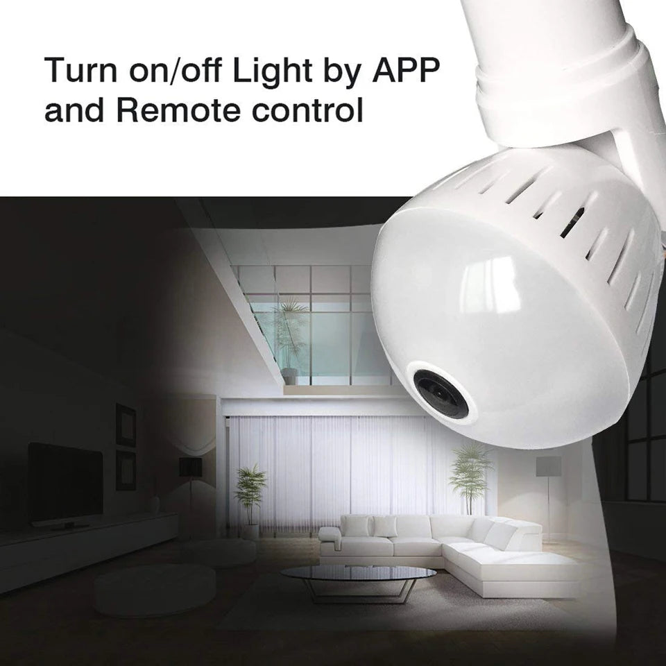 A Light Bulb Spy Camera is shown in the foreground with an image of a modern, well-lit living room in the background. The text above reads, "Turn on/off Light by APP and Remote control." Featuring white furniture and large windows, the room benefits from the camera's 360° Panoramic View.