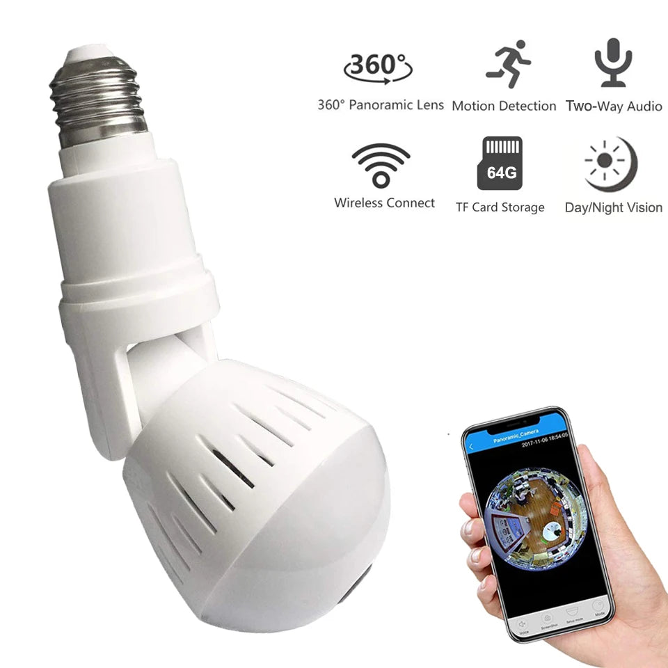 A white light bulb spy camera with a standard screw-in base. The bulb has a small lens discreetly embedded on its surface, designed to record video while blending into typical light fixtures. The product is displayed against a plain background.