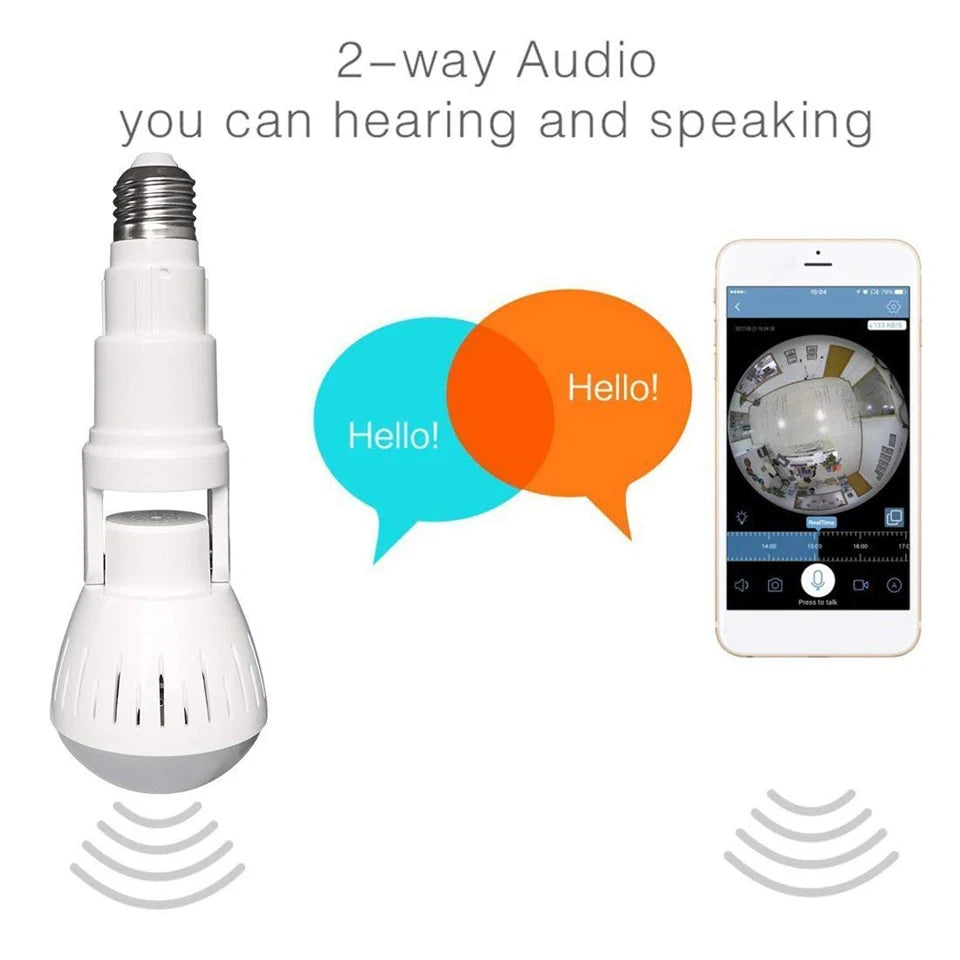Image showing a two-way audio communication system. On the left, a Light Bulb Spy Camera with super night vision is depicted with soundwave icons beneath it. On the right, a smartphone displays a live video feed from the camera. Text above reads "2-way Audio for hearing and speaking.