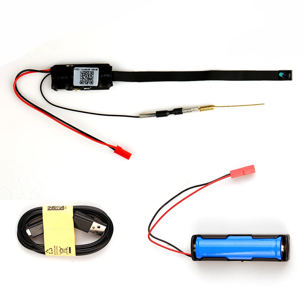 Image showing components of an electronic device, including a black and red wired circuit board with a small antenna, a blue battery with a wire and plug, and a USB cable. The setup is designed for an Spy Tech Flexible Hidden Camera with motion detection capability. All items are laid out against a white background.