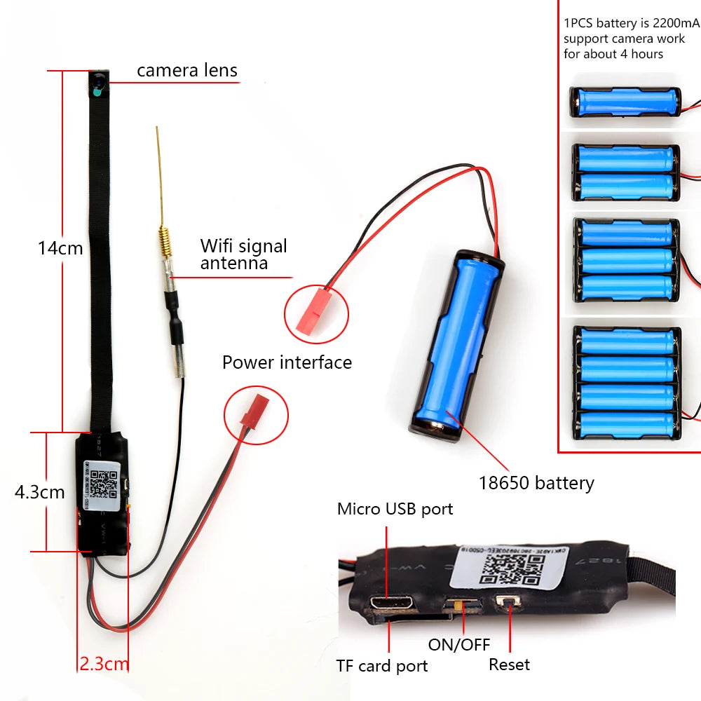 Detailed image of a Spy Tech Flexible Hidden Camera showing an HD mini camera lens module with dimensions, Wi-Fi antenna, power interface, TF card port, micro USB port, on/off switch, reset button, and a detachable 18650 battery with 2200mAh capacity. Features include motion detection and remote playback capabilities.