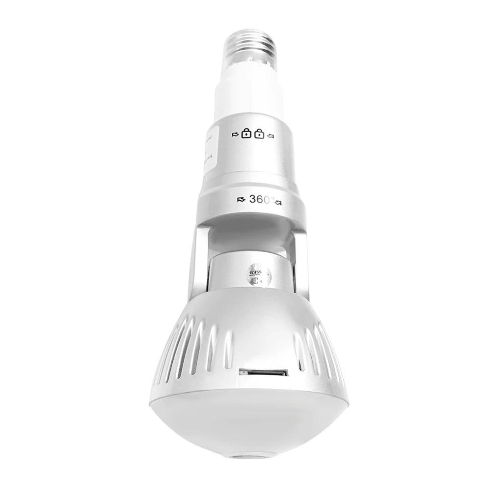 A silver, elongated Light Bulb Spy Camera with adjustable light settings and a 360° panoramic camera. The sleek design includes heat-dissipation slots on the bottom half and symbols indicating various functionalities, such as adjustability and rotation, on the upper part for easy navigation.