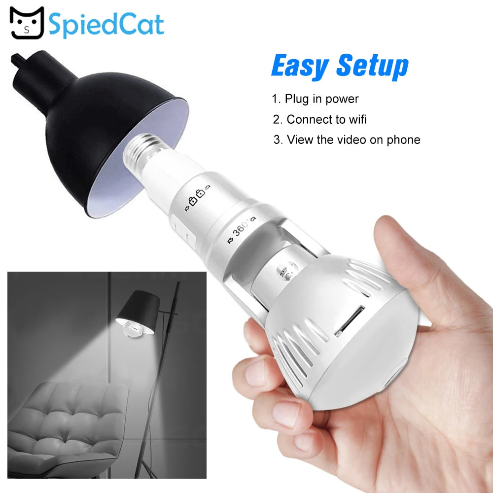 A hand holding a Light Bulb Spy Camera. Text reads "Easy Setup: 1. Plug in power 2. Connect to wifi 3. View the video on phone" near the bulb. An inset image shows the bulb screwed into a lamp, casting light on a chair with its 360° Panoramic Camera feature. The SpiedCat logo is at the top left.