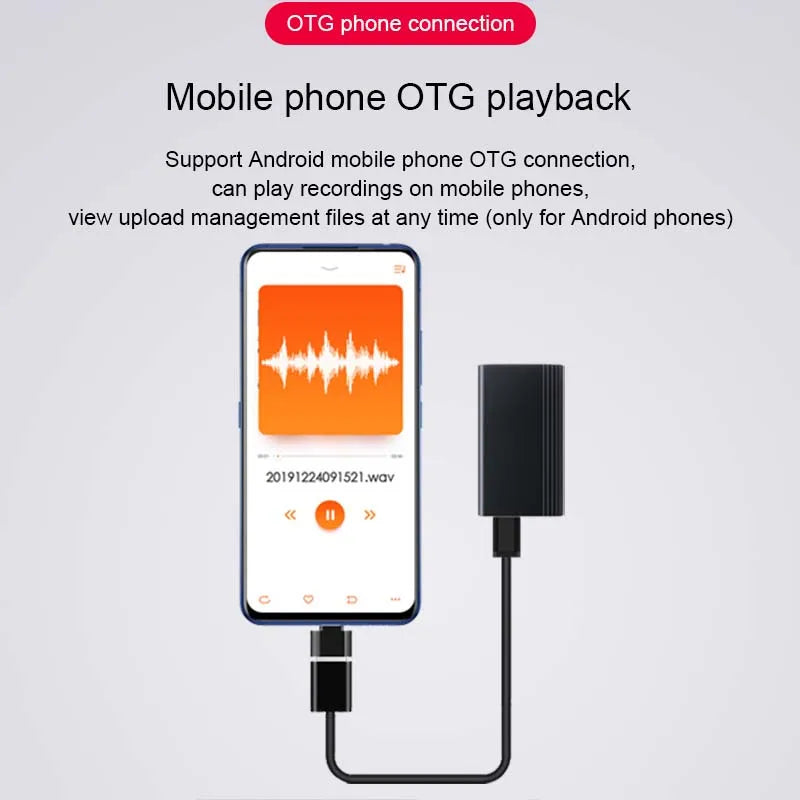 A mobile phone is shown connected via an OTG (On-The-Go) adapter to external devices for playback of sound-activated recordings from the Mini Voice Recorder 500 Hours. The text above the image mentions the adapter supports Android phones, allowing file management and HD recording playback on the devices.