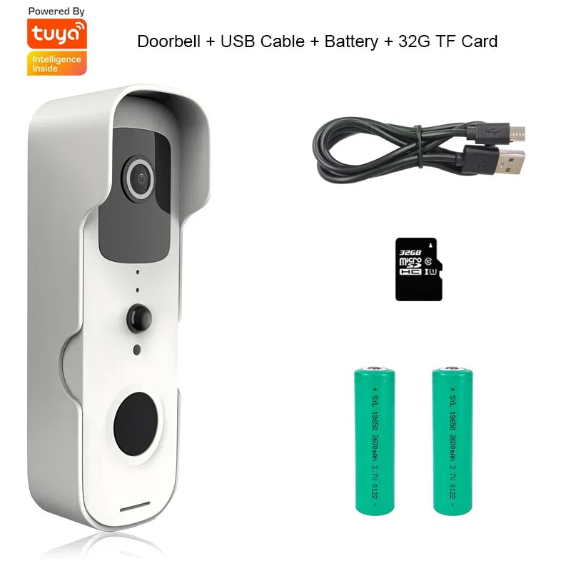 Waterproof Wireless Doorbell Camera with Motion Detection installed at a home's entrance, highlighting its sleek, weatherproof design and advanced security features for enhanced home protection. Features a doorbell camera, doorbell chime, usb cable, batteries, and TF card.