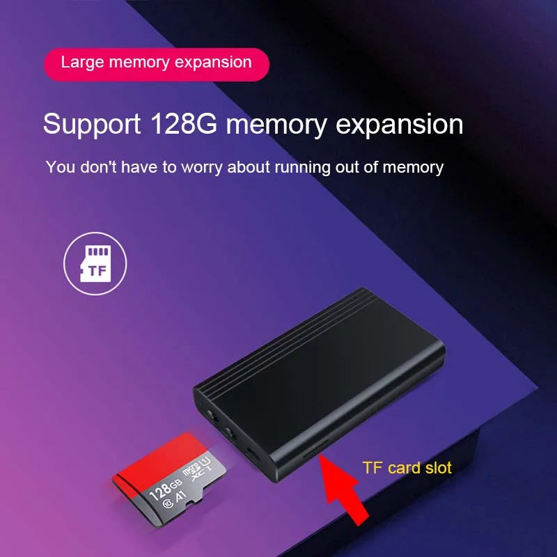 An image promoting the Mini Voice Recorder 500 Hours with TF card memory expansion capabilities. The text reads "Support 128G memory expansion" with a note assuring users they won't run out of memory. A TF card is shown alongside the Mini Voice Recorder 500 Hours, indicating a TF card slot with an arrow. Plus, enjoy sound activated recording for effortless capture.