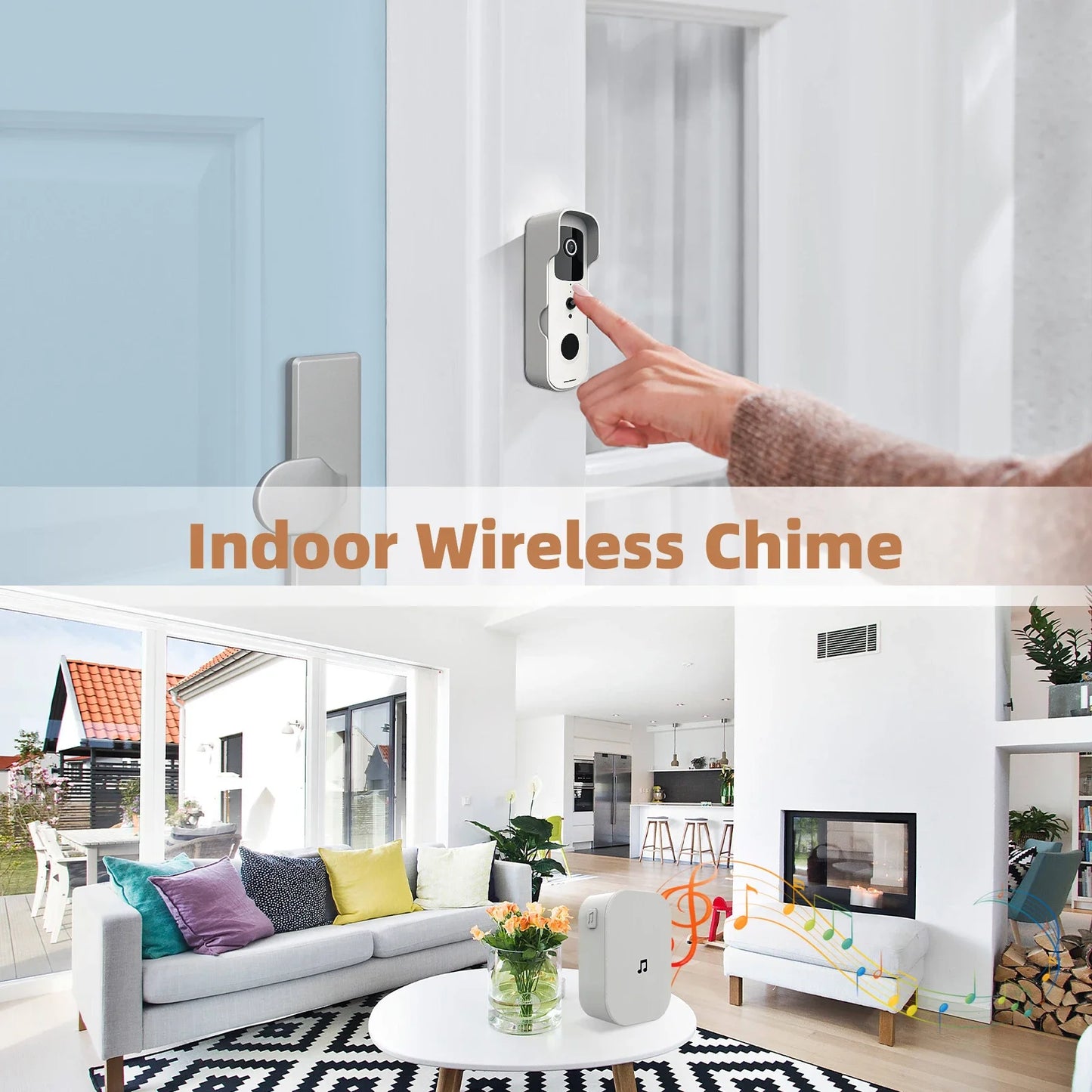 A person pressing a doorbell on a light blue door with “Waterproof Wireless Doorbell Camera” written in bold letters. Below, a cozy living room is depicted with modern furnishings including a white sofa, colorful cushions, and a decorative rug. A Waterproof Wireless Doorbell Camera device is emitting musical notes.