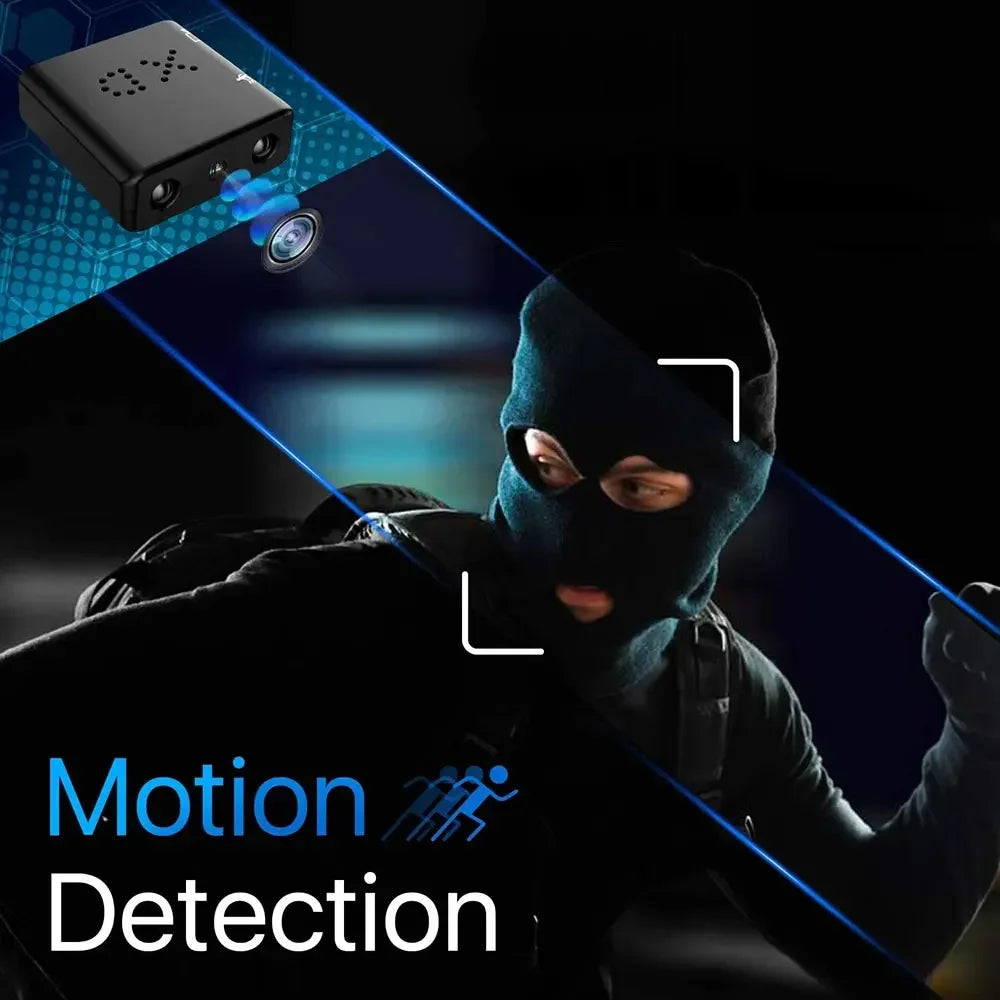 A dark image captures a masked individual dressed in black, appearing to be in mid-motion and partially illuminated by a blue streak of light from a motion detection device. Text at the bottom reads "Motion Detection" accompanied by an icon of a running person, all captured by the 1080P Spy Tech Camera.