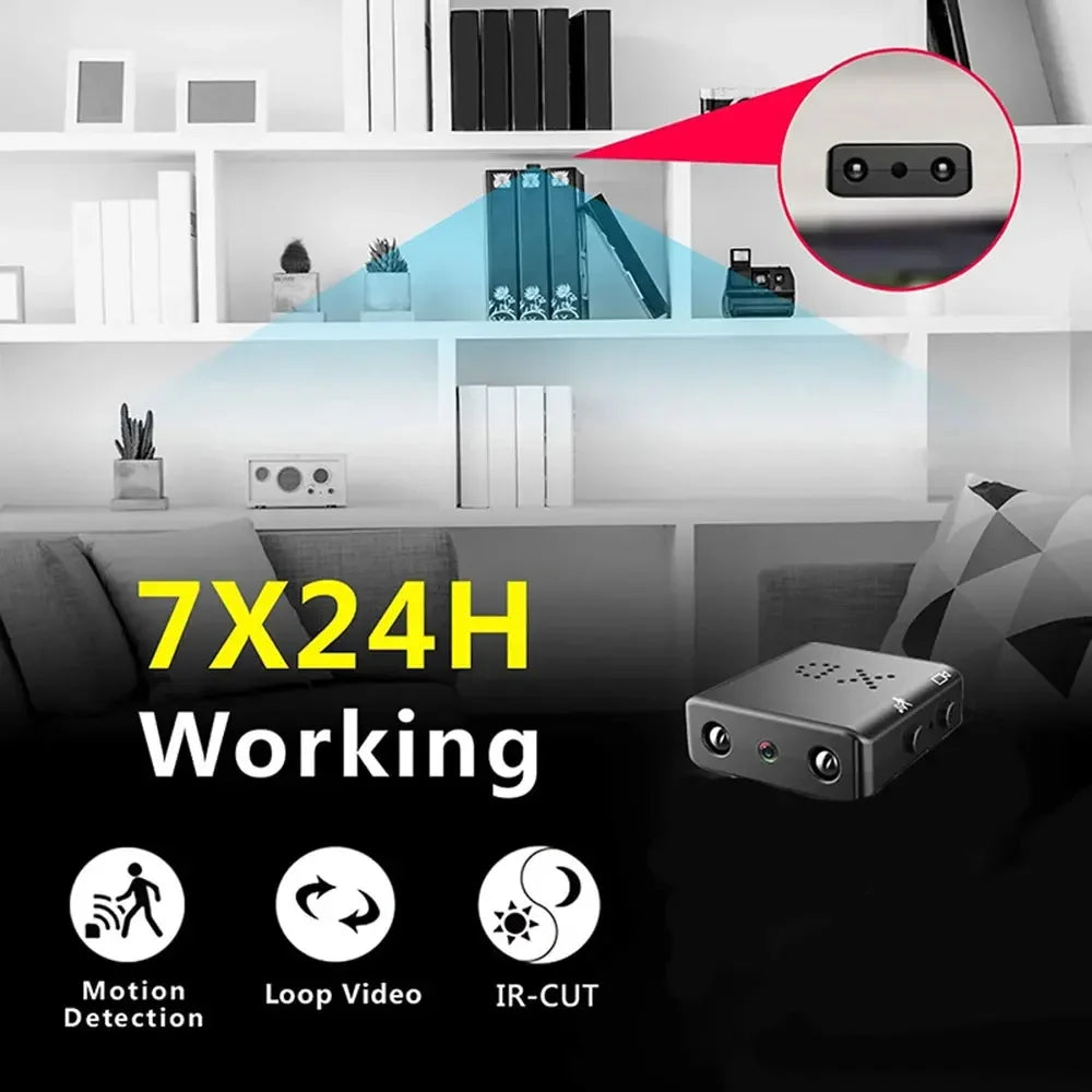 A compact 1080P Spy Tech Camera is showcased in a living room setting. Engineered for motion detection, loop video recording, and night vision with IR-CUT technology, this mini camera ensures clear footage. Text on the image reads "7X24H Working" with icons representing its features.