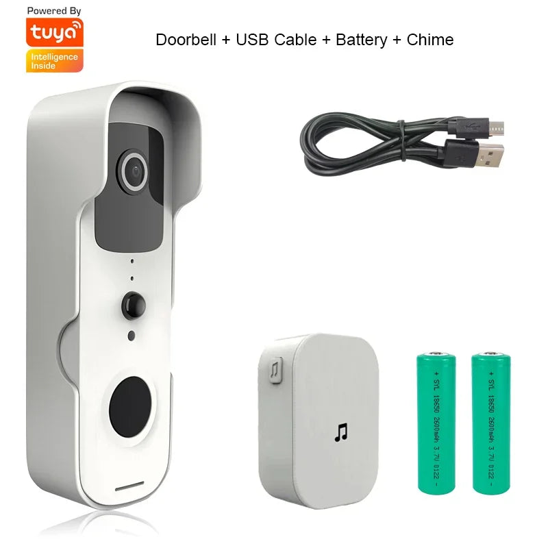Waterproof Wireless Doorbell Camera with Motion Detection installed at a home's entrance, highlighting its sleek, weatherproof design and advanced security features for enhanced home protection. Features a doorbell camera, doorbell chime, usb cable, and batteries.