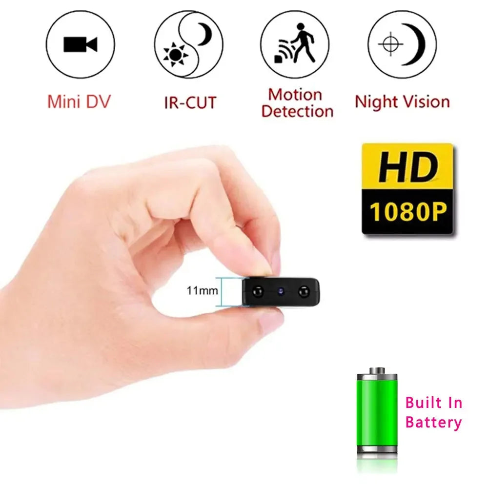 An image displaying a hand holding the compact black 1080P Spy Tech Camera, labeled "11mm" in width. Above the hand are icons and text featuring its attributes: Mini DV, IR-CUT, Motion Detection, Night Vision, and 1080P Full-HD. A green battery icon labeled "Built-in Battery" is also visible.