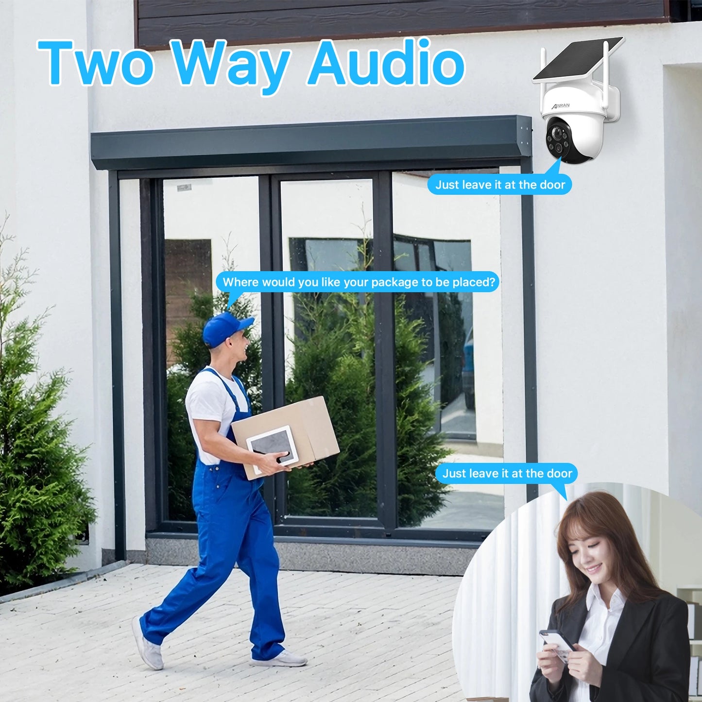 A delivery person in blue uniform stands in front of a glass door holding a package and tablet. A Waterproof WiFi Solar Surveillance Camera features speech bubbles indicating two-way audio. Inset shows a woman using a smartphone. Text at the top reads "Two Way Audio.