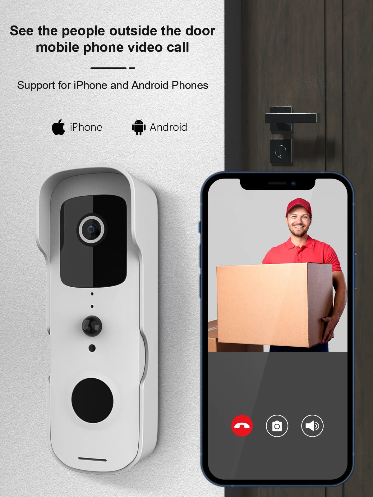A Waterproof Wireless Doorbell Camera is displayed beside a smartphone showing a 1080p HD video call. The screen shows a delivery person in a red uniform holding a large package. Text on the image reads, "See the people outside the door mobile phone video call," with support for iPhone, Android phones, and Smart Home Platform Tuya.