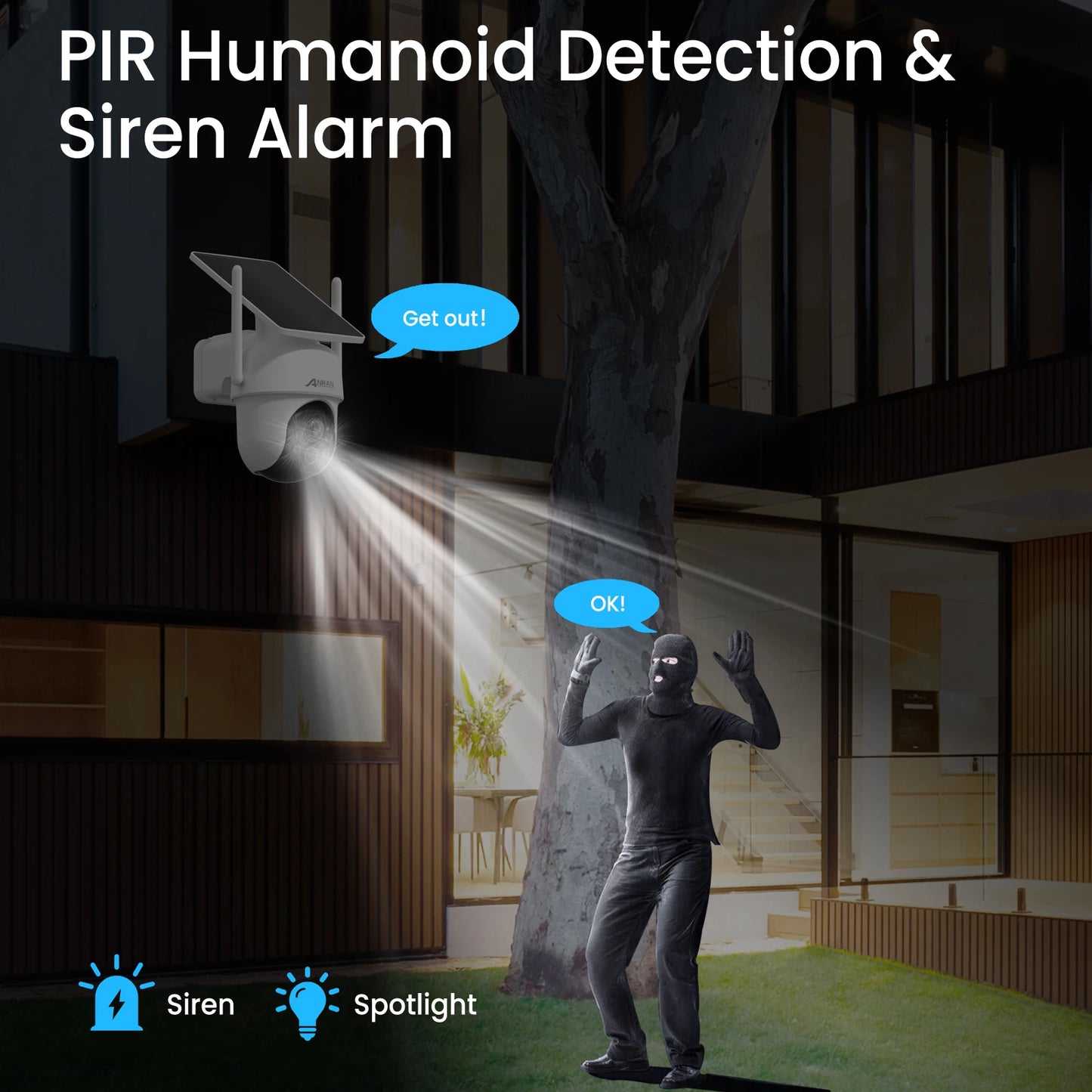 A security camera in action at night projects a light beam and a siren sound at a person in a dark outfit with hands raised. The camera has speech bubble "Get out!" while the person has "OK!". Text above reads, "Waterproof WiFi Solar Surveillance Camera." Icons for siren and spotlight are shown below.