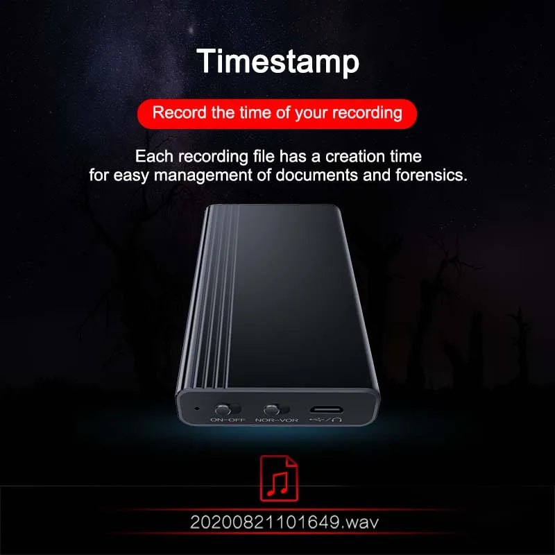 An image showcasing a Mini Voice Recorder 500 Hours against a dark, starry night background. Text reads, "Timestamp - Record the time of your HD recording. Each file has a creation time for easy management of documents and forensics." Below is a sample file name: "20200821101649.wav".