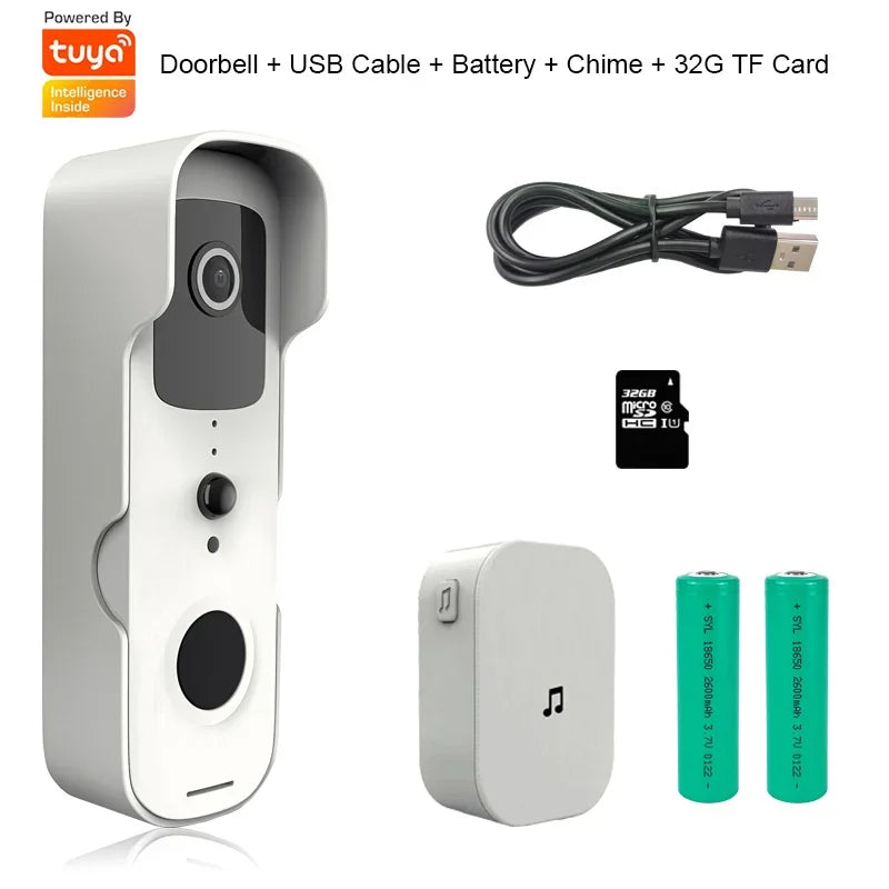 Waterproof Wireless Doorbell Camera with Motion Detection installed at a home's entrance, highlighting its sleek, weatherproof design and advanced security features for enhanced home protection.