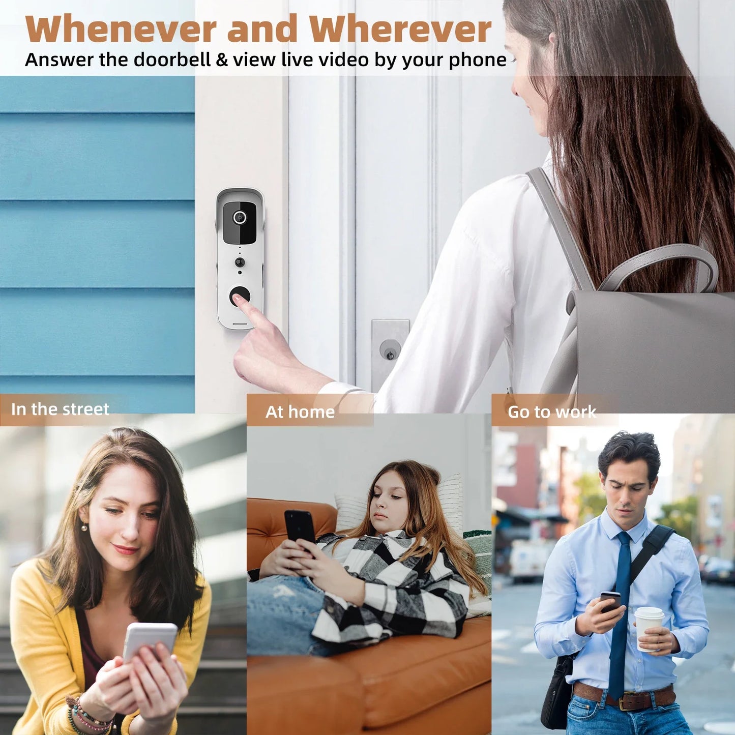 Composite image showing various people using their phones in different settings: a woman checks her phone in the street, another lounges on a couch at home, and a man looks at his phone while walking to work. The main image shows a woman using a Waterproof Wireless Doorbell Camera. Text reads: "Whenever and Wherever - Answer the doorbell & view 1080p HD live video by your phone.