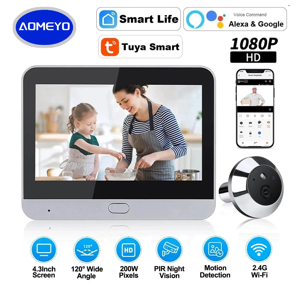 Doorbell camera with digital viewer, app access, and 120 degree wide angle.