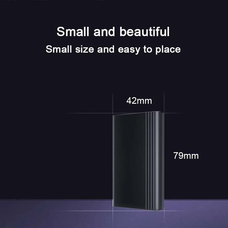 A promotional image displaying a sleek, black rectangular object with dimensions labeled as 42mm (width) and 79mm (height). The text above reads "Small and beautiful," with a subtitle, "Small size and HD recording," set against a dark background. Product Name: Mini Voice Recorder 500 Hours.