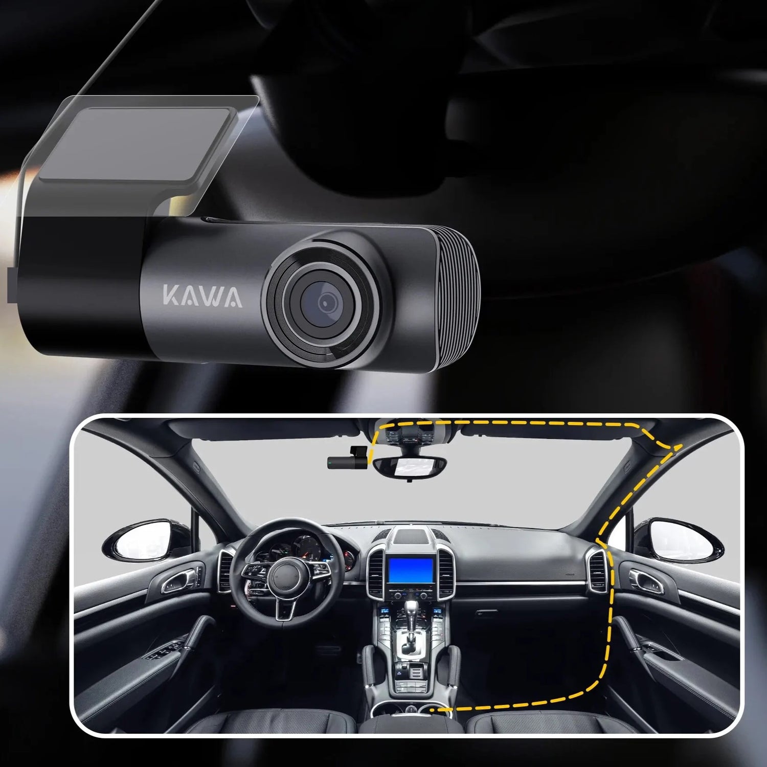 A car interior showcasing a front dashboard camera mounted at the center of the windshield. Inset image highlights the dash cam's placement and perspective covering the car's front view. Text "KAWA" is visible on the camera.