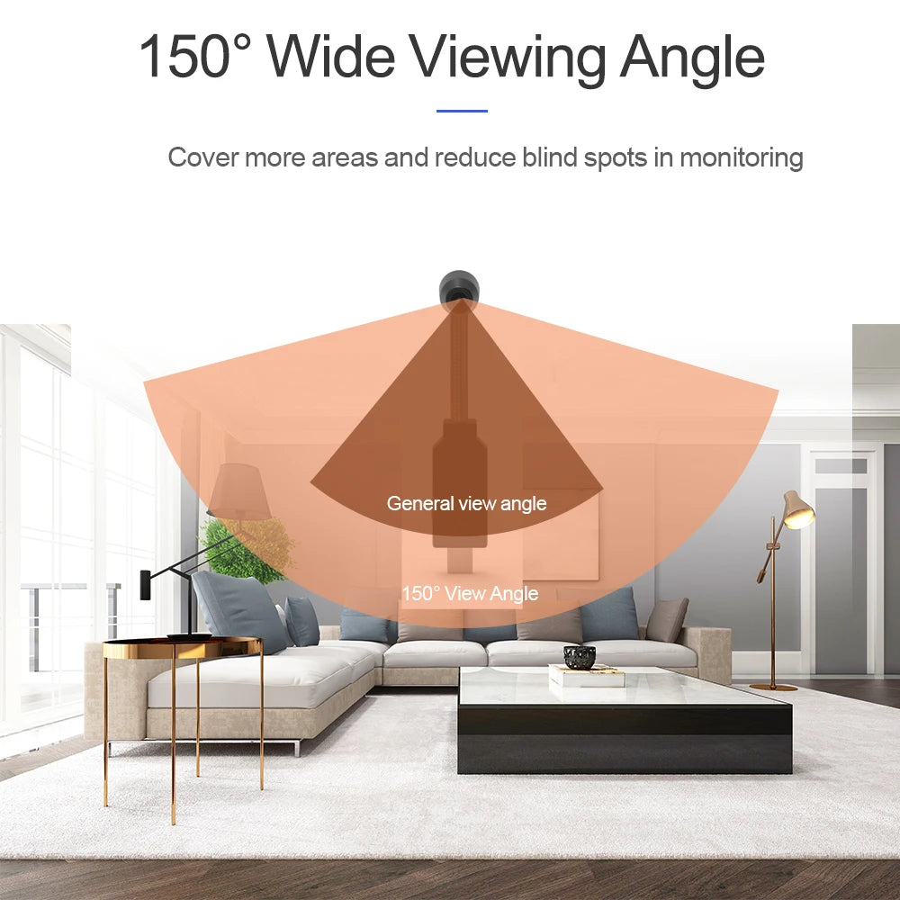 An image showing a modern, minimalist living room with a diagram overlay illustrating the 150-degree wide viewing angle of the Mini WiFi Nanny Camera. The diagram contrasts the wide-angle lens with a typical, narrower field of view, highlighting enhanced coverage and reduced blind spots.