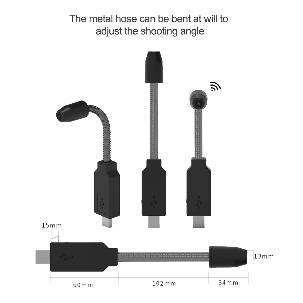 A diagram showcasing the flexible Mini WiFi Nanny Camera with dimensions. The Full HD 1080P camera features a bendable metal hose that can be adjusted to different angles. The wide-angle lens and precise dimensions—60mm, 102mm, 34mm, 15mm, and 13mm—are highlighted for optimal performance.