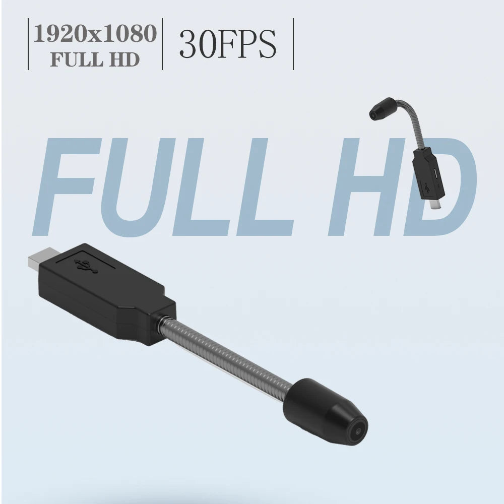 A Mini WiFi Nanny Camera with a flexible gooseneck is displayed prominently, featuring "Full HD 1080P" and "30FPS" text indicating its resolution and frame rate. The letters "FULL HD" are large and partially transparent in the background, emphasizing the clarity provided by its wide-angle lens.