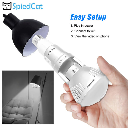 A hand holding a Light Bulb Spy Camera. Text reads "Easy Setup: 1. Plug in power 2. Connect to wifi 3. View the video on phone" near the bulb. An inset image shows the bulb screwed into a lamp, casting light on a chair with its 360° Panoramic Camera feature. The SpiedCat logo is at the top left.
