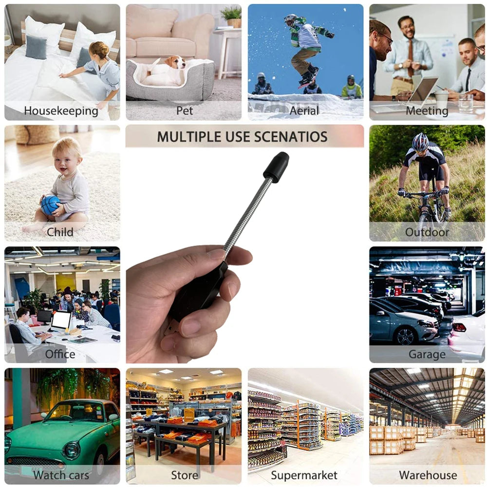 A collage showing various scenarios where a Mini WiFi Nanny Camera could be used: housekeeping, pet monitoring, aerial inspections, meetings, child care, outdoor activities, office work, garage inspections, watching cars with its 1080P Full HD clarity and wide-angle lens coverage for stores, supermarkets, and warehouses.