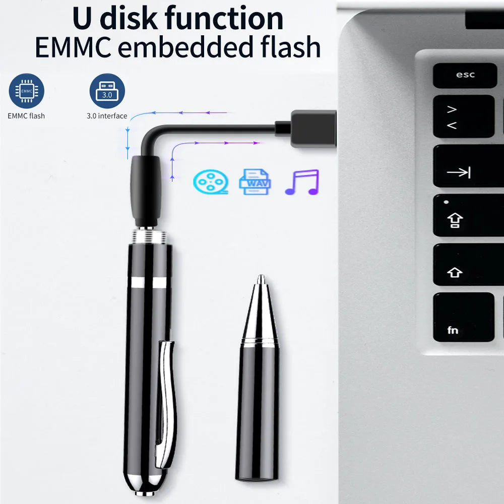 A Digital Pen Voice Recorder with a removable cap is connected to a laptop via a USB cable. The image highlights its multifunctionality, including EMMC flash storage, USB 3.0 interface, and Pen Voice Recorder capabilities. Icons depict storage, movies, and music functionalities. The text "U disk function" is displayed above.