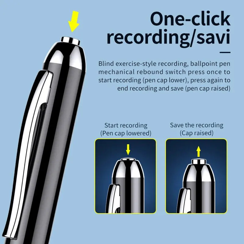 A black pen with an illustrated description showcasing its one-click recording and saving functionality. This Digital Pen Voice Recorder lets you press the cap to start and stop recording, ensuring ease of use. A yellow arrow highlights the top button against a blue background for clarity.