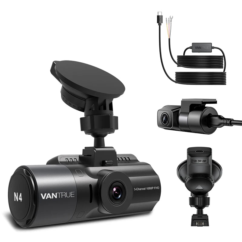 The image shows a 3 Way Dash Camera with power cord.