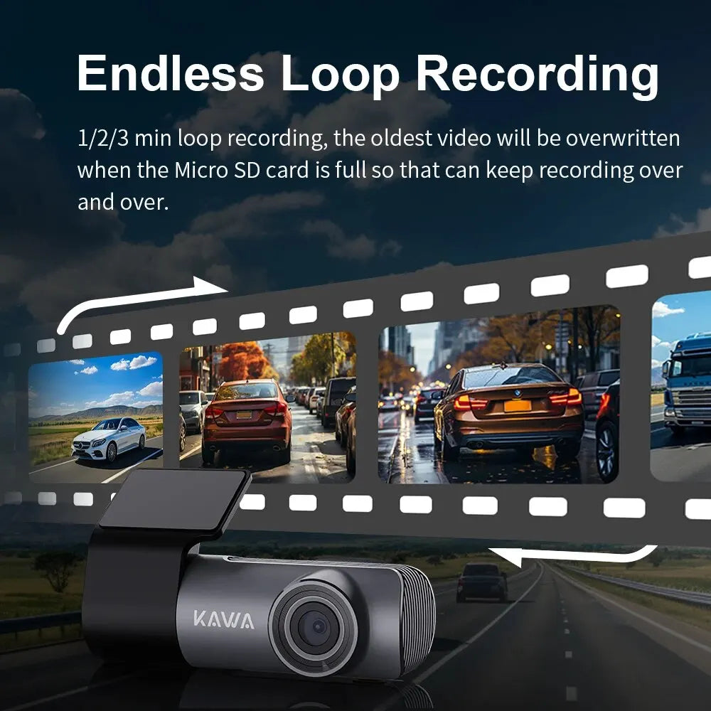 A digital image advertising a 2K Dash Camera For Car With Voice Control is shown. It highlights the feature of endless loop recording in 1/2/3-minute increments, with the oldest video being overwritten when the memory card is full. The background features a driving scene and filmstrip, emphasizing its role as a portable recorder.