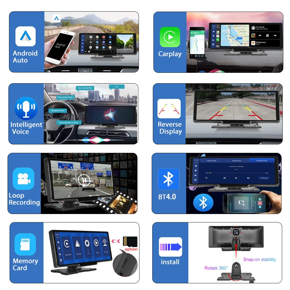 Image showing features of a Dash Cam With Wireless Carplay and Android Auto: Android Auto, CarPlay, Intelligent Voice control, Reverse Display, Loop Recording, Bluetooth 4.0, Memory Card support, Car DVR with waterproof functionality, Snap-on install with 360-degree rotation. Various screen interfaces are displayed.