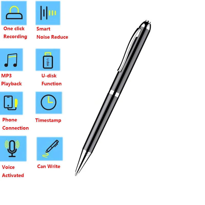 A sleek, black Digital Pen Voice Recorder is centered on a white background. Surrounding the pen are various blue icons with red text including features like "One click Recording," "Smart Noise Reduction," "MP3 Playback," "U-disk Function," "Phone Connection," "Timestamp," "Voice Activated HD Recording," and "Can Write.