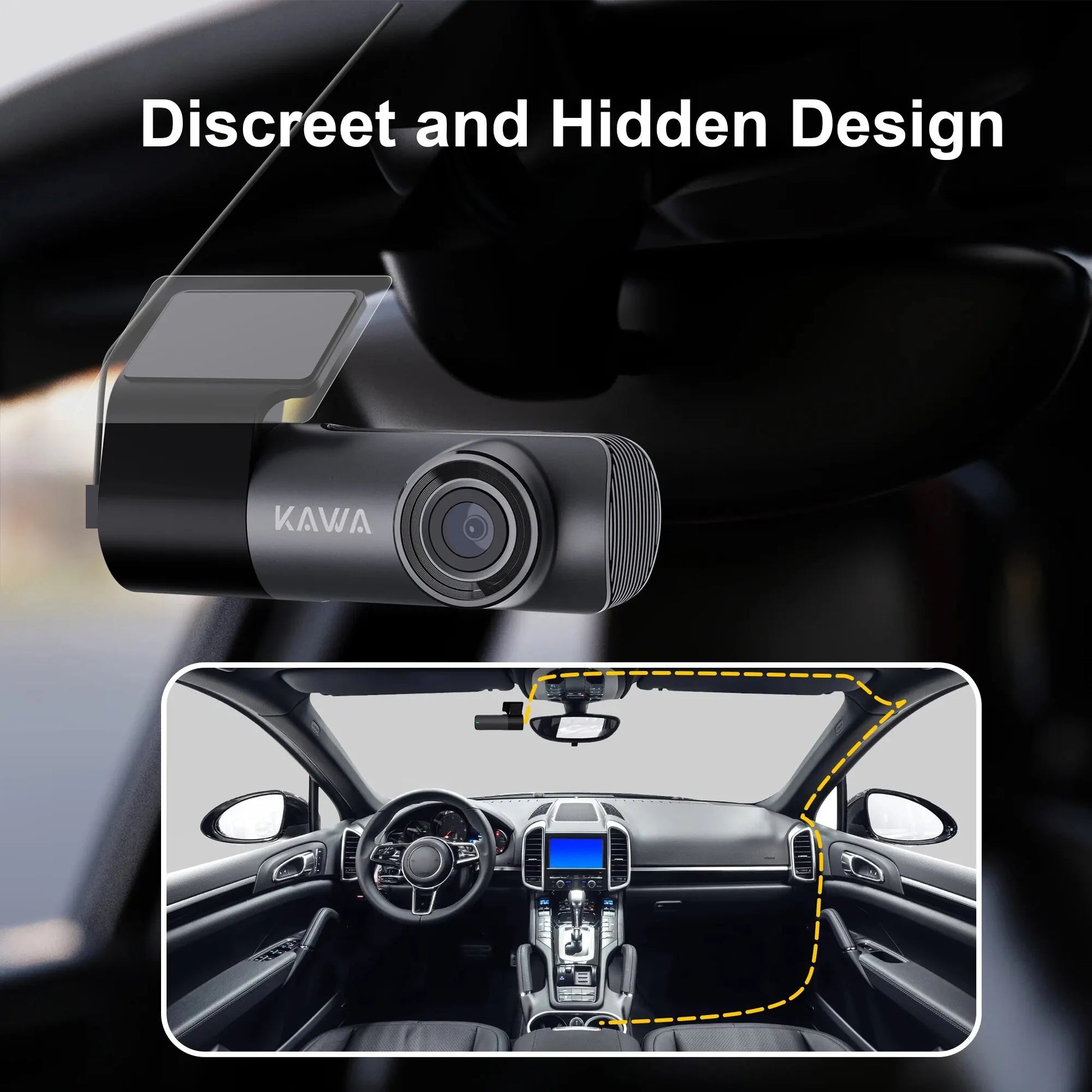 A dashboard camera, labeled "2K Dash Camera For Car With Voice Control," is mounted on an interior car windshield. Above, text reads "Discreet and Hidden Design." An inset image shows the Dash Cam positioned in a car to illustrate its compact size and discrete placement, complemented by a WiFi Function for easy connectivity.