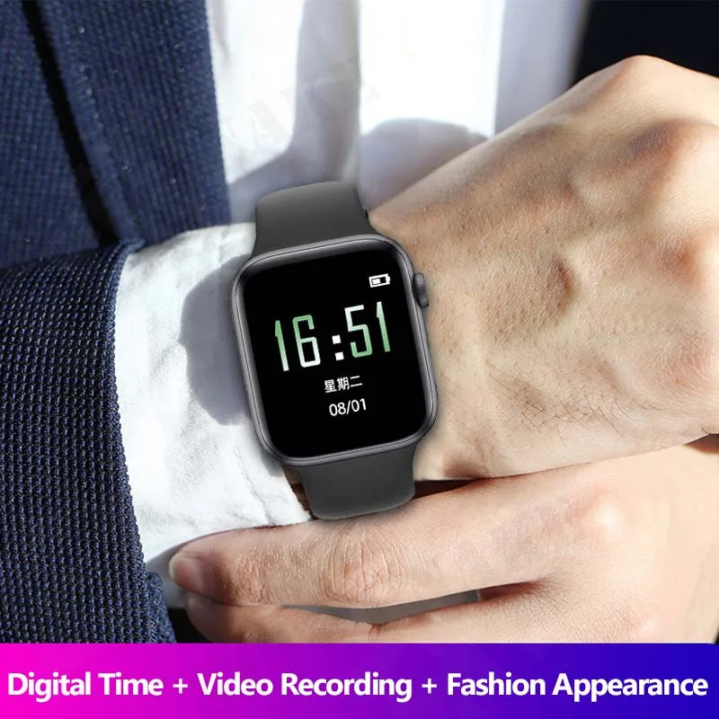 A close-up of a person wearing a Mini Camera Watch 1080P on their wrist, displaying the time as 16:51 and the date as 08/01. The person is dressed in a suit. The image text at the bottom reads, "Digital Time + 1080P HD Video Recording + Fashion Appearance.