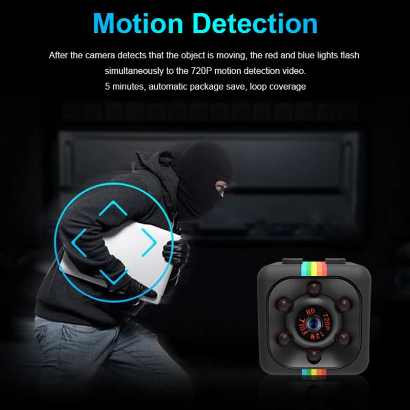 A burglar wearing a black ski mask and gloves is carrying a white object. In the foreground, a 1080P Portable Wireless Mini Camera with red and blue lights and a rainbow stripe design is prominently displayed. The text above describes the camera's HD 1080P motion detection capabilities.