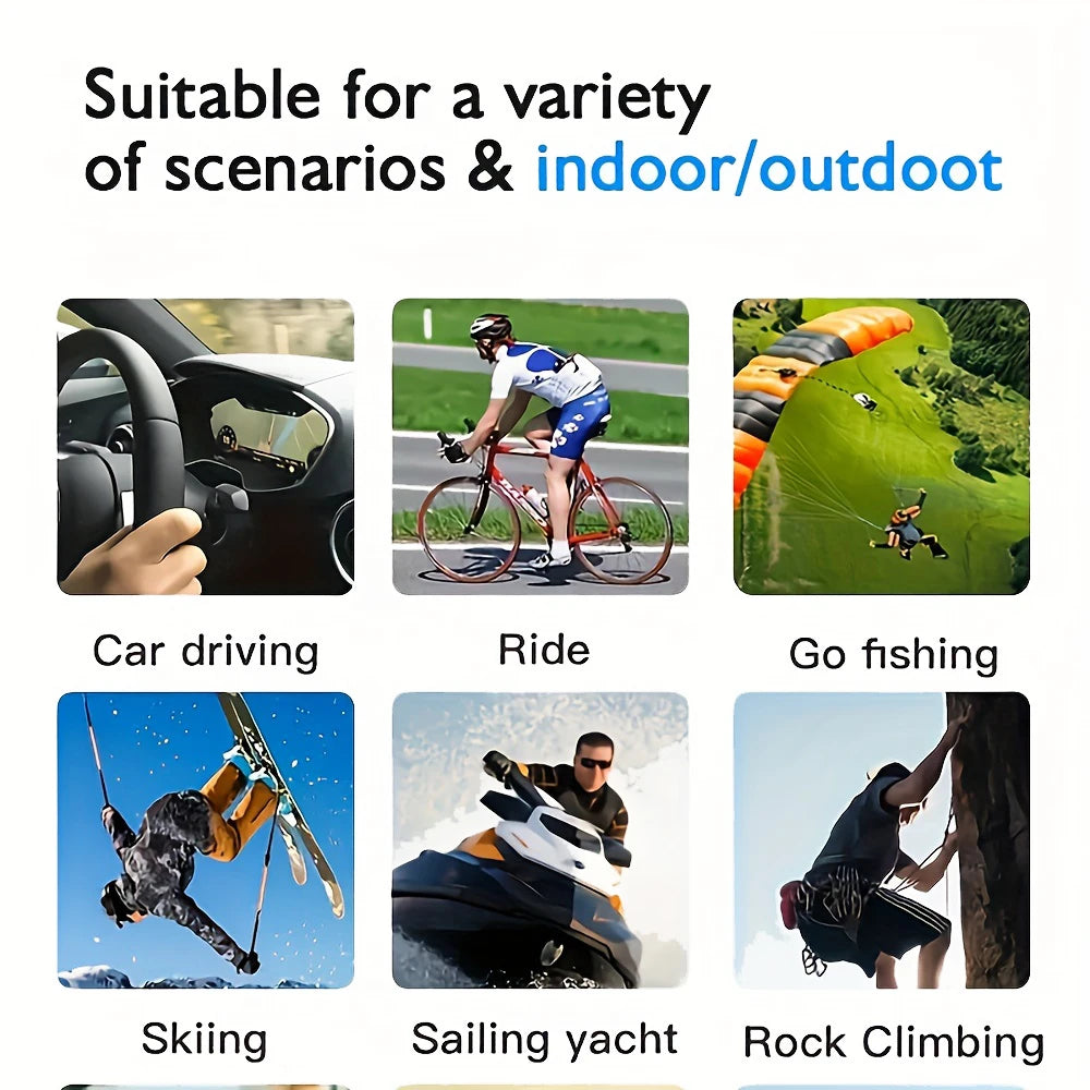 A collage with six images depicting different activities: driving a car, cycling, fishing, skiing, sailing a yacht, and rock climbing. The text at the top reads "Suitable for a variety of scenarios & indoor/outdoor," perfect for capturing every moment with HD 1080P Video Recording Smart Glasses.