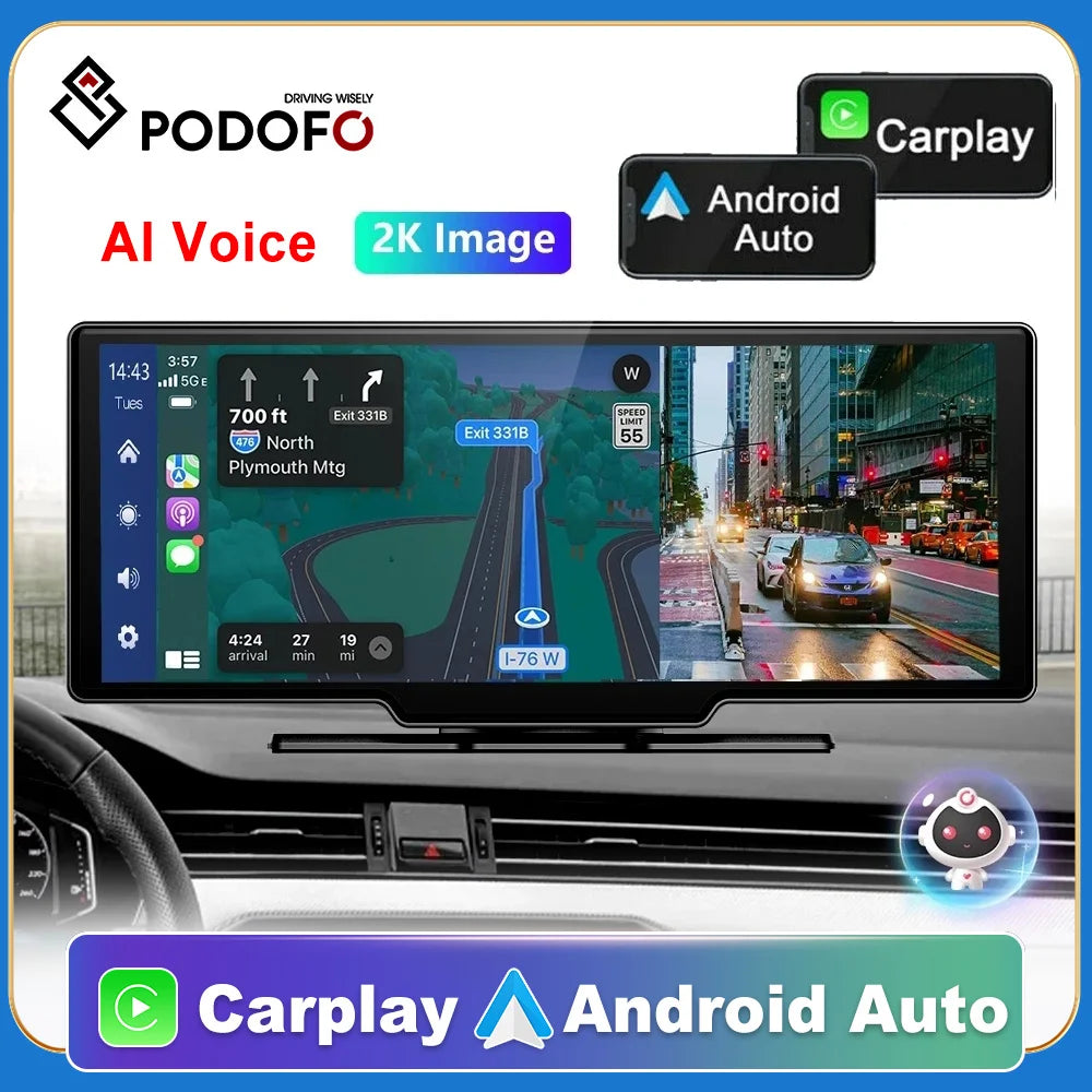 A Dash Cam With Wireless Carplay and Android Auto displaying a split view of navigation and a street with rain-slicked roads. The top features logos for Carplay, Android Auto, and AI Voice. The brand name "Podofo" is displayed at the top left, alongside "2K Image" text near the top right. Includes Bluetooth connectivity and Car DVR functionality.