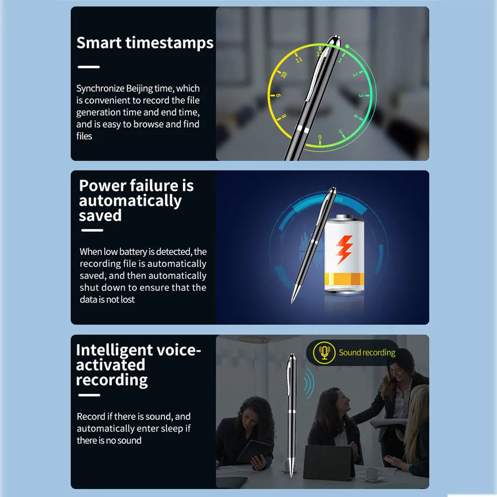 An infographic with three sections showcasing features of the Digital Pen Voice Recorder. The first section describes smart timestamps, the second highlights automatic saving during power failures with a battery icon, and the third details an intelligent voice-activated digital voice recorder with a sound icon.