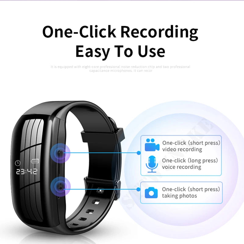 A wearable device resembling a black smartwatch, the Smart Band Camera Watch features icons highlighted above it. The text reads, "One-Click Recording Easy to Use," with icons indicating HD camera functions: video recording, voice recording with noise reduction technology, and photo taking activated by short presses of a button.