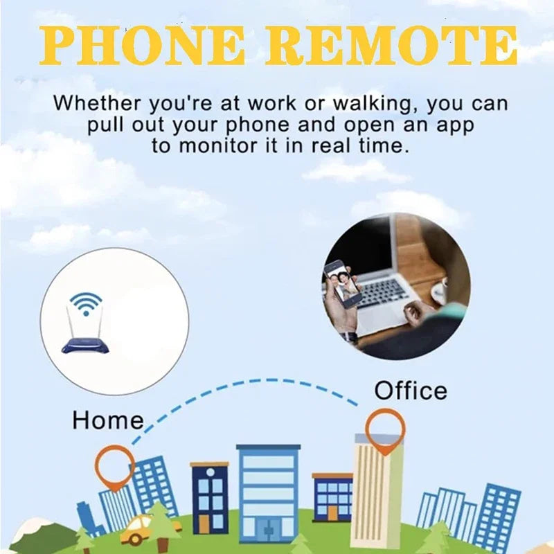 Illustration titled "1080P Mini Camera With Wifi" showing an office and a home connected by a dotted line. Icons above show a Wi-Fi sign at home and a person using a smartphone at the office. Text explains you can remotely monitor your home in real time via Wi-Fi Live Streaming on an app on your phone.