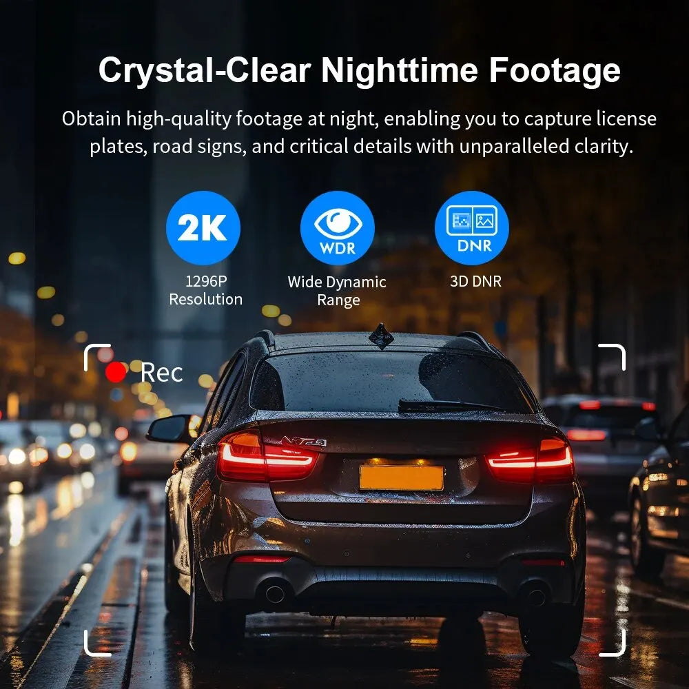 A car with a blurred license plate drives on a wet, dimly lit city street at night, with reflections on the road. The text promotes "crystal-clear nighttime footage" with 2K resolution, WDR, and 3D DNR using icons and descriptions. A "Rec" icon is displayed. Featuring G-Sensor and WiFi function for added convenience, the 2K Dash Camera For Car With Voice Control ensures optimal recording quality in any driving condition.