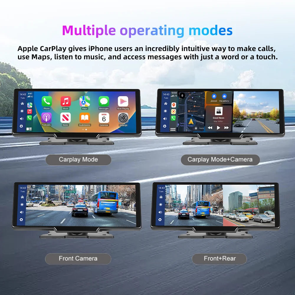 An advertisement showcases a Dash Cam With Wireless Carplay and Android Auto's multiple operating modes on a screen, featuring CarPlay Mode, CarPlay Mode+Camera, Front Camera, and Front+Rear Camera—all seamlessly integrated with Bluetooth functionality. The background highlights a cityscape with roads and buildings under a cloudy sky.