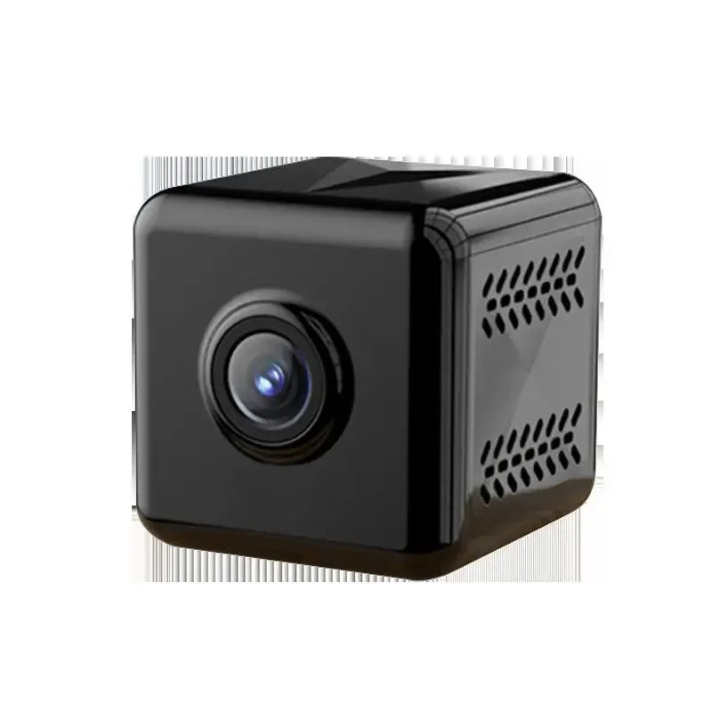 The image shows a small, black, rectangular mini camera with Wi-Fi capabilities. The camera has a lens on one end and several buttons and ports along its sides, including a power button, a mode button, and a micro USB port for charging. The device is displayed against a white background, highlighting its compact and portable design.